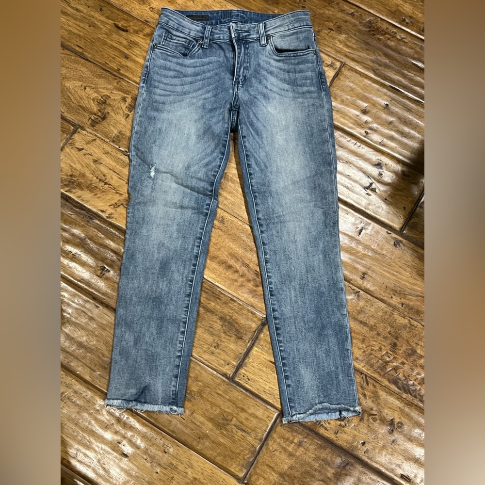 Kut from the Kloth distressed cropped raw edge straight leg Blue Denim Jeans